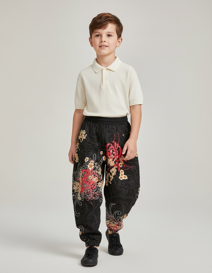 Pantalon Baggy Noir Ample Fleuri Imprimé Garçon - Coton