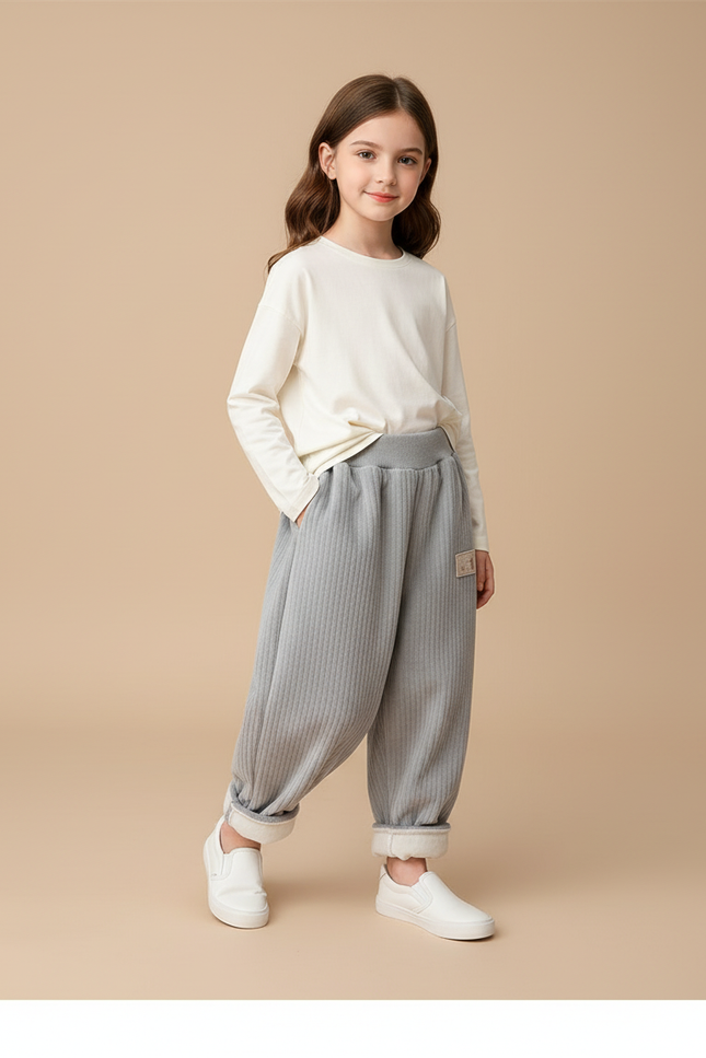 Pantalon Baggy Gris Côtelé Doublé Molleton Enfant - Cordé