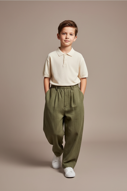 Pantalon Baggy Vert Ample Décontracté Garçon Coton - Kaki Laine