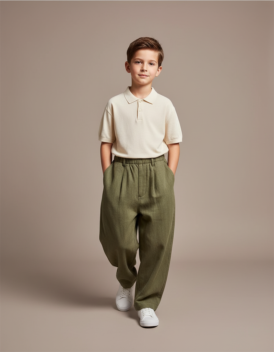 Pantalon Baggy Vert Ample Décontracté Garçon Coton - Kaki Laine
