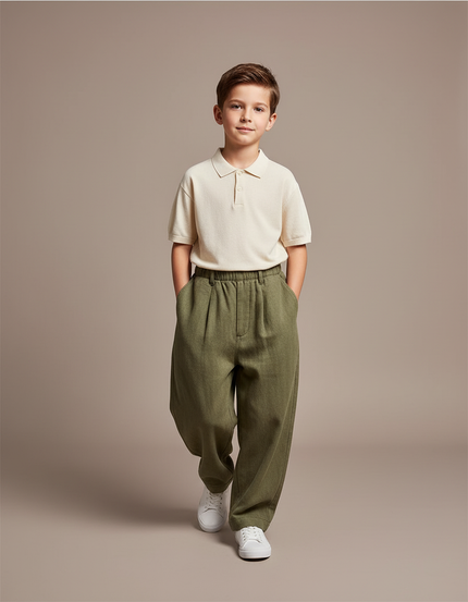 Pantalon Baggy Vert Ample Décontracté Garçon Coton - Kaki Laine