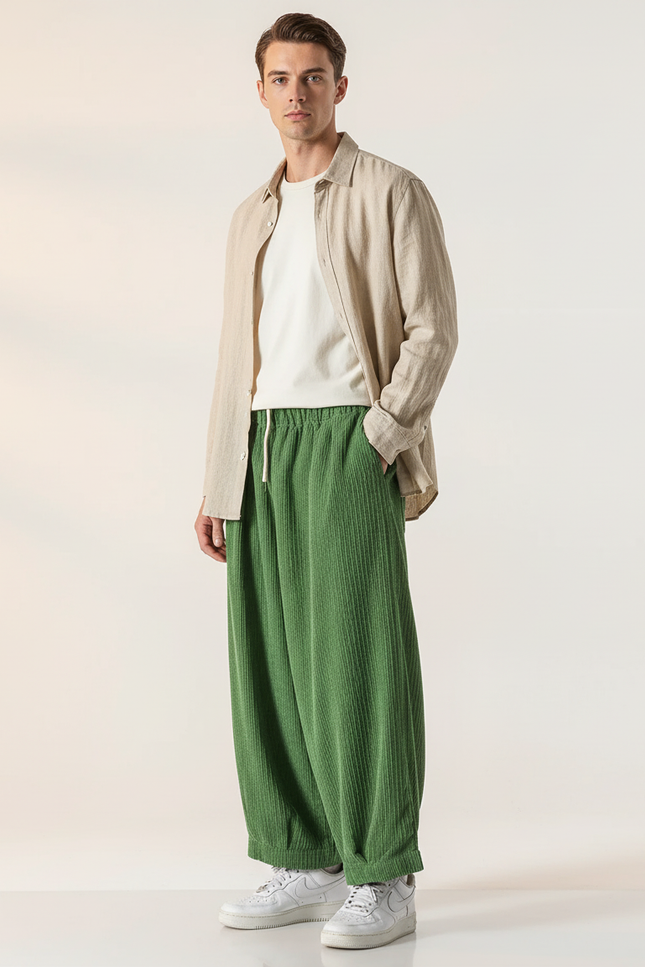 Pantalon Baggy Vert Côtelé Ample Décontracté Homme - Cordé