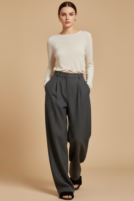 Pantalon Baggy Gris Laine Ample Plissé Femme