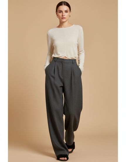 Pantalon Baggy Gris Laine Ample Plissé Femme