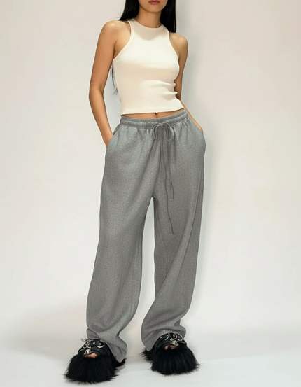 Pantalon Baggy Gris Ample Cordon Décontracté - Molleton