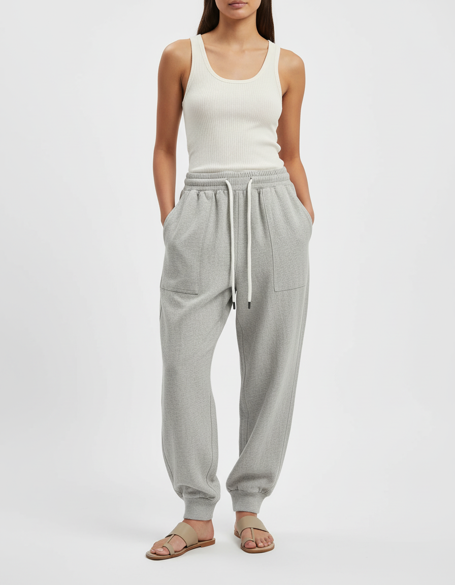 Pantalon Baggy Gris Cordon Ample Décontracté Molletonné