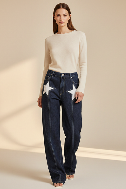 Pantalon Baggy Bleu Denim Étoiles Blanches Taille Haute - Marine Jean