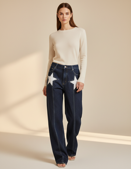 Pantalon Baggy Bleu Denim Étoiles Blanches Taille Haute - Marine Jean