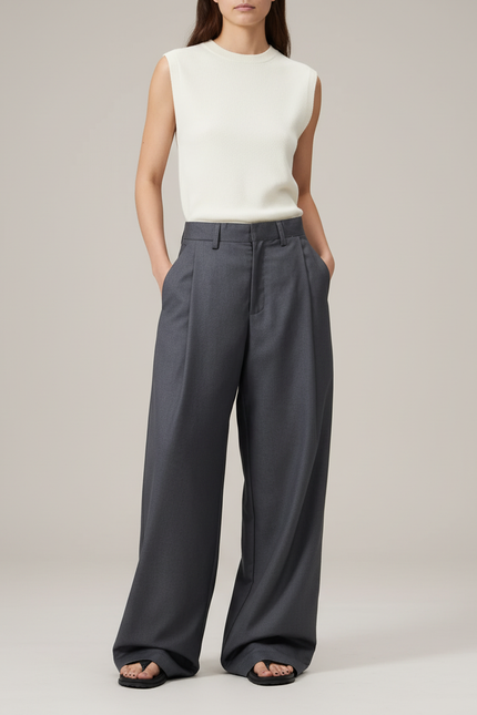 Pantalon Baggy Gris Plissé Fluide Décontracté Élégant - Gabardine