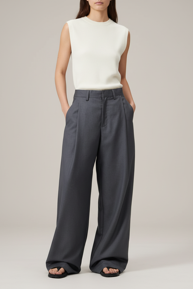 Pantalon Baggy Gris Plissé Fluide Décontracté Élégant - Gabardine