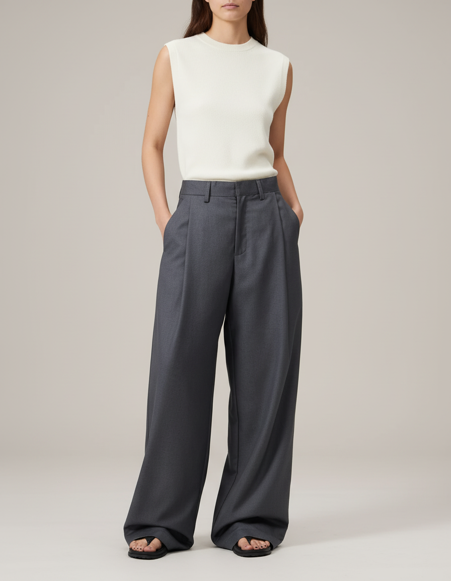 Pantalon Baggy Gris Plissé Fluide Décontracté Élégant - Gabardine
