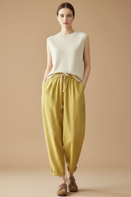 Pantalon Baggy Jaune Lin Ample Cordon Décontracté Femme
