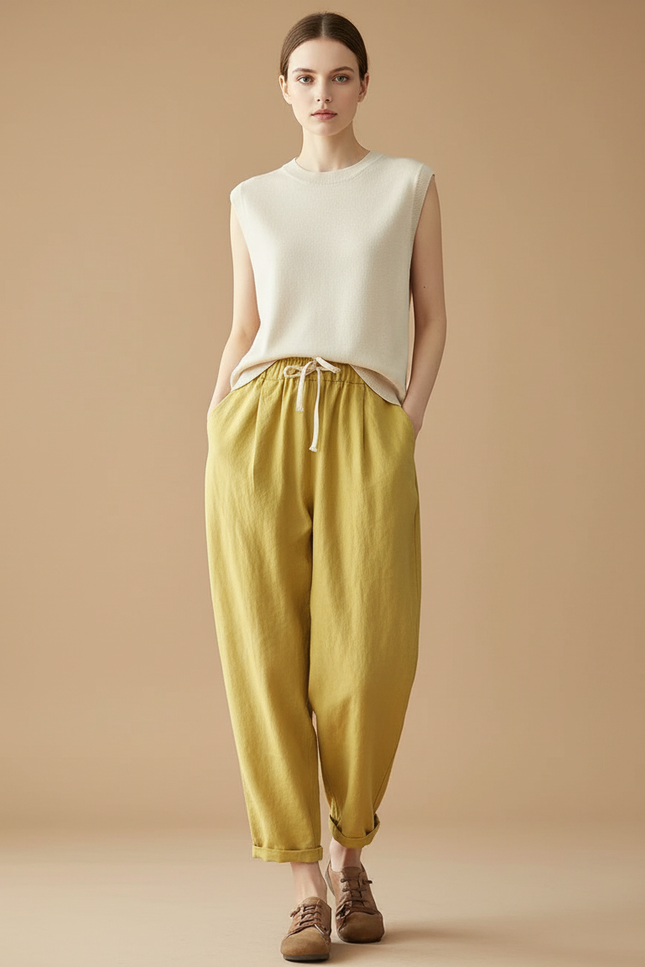 Pantalon Baggy Jaune Lin Ample Cordon Décontracté Femme
