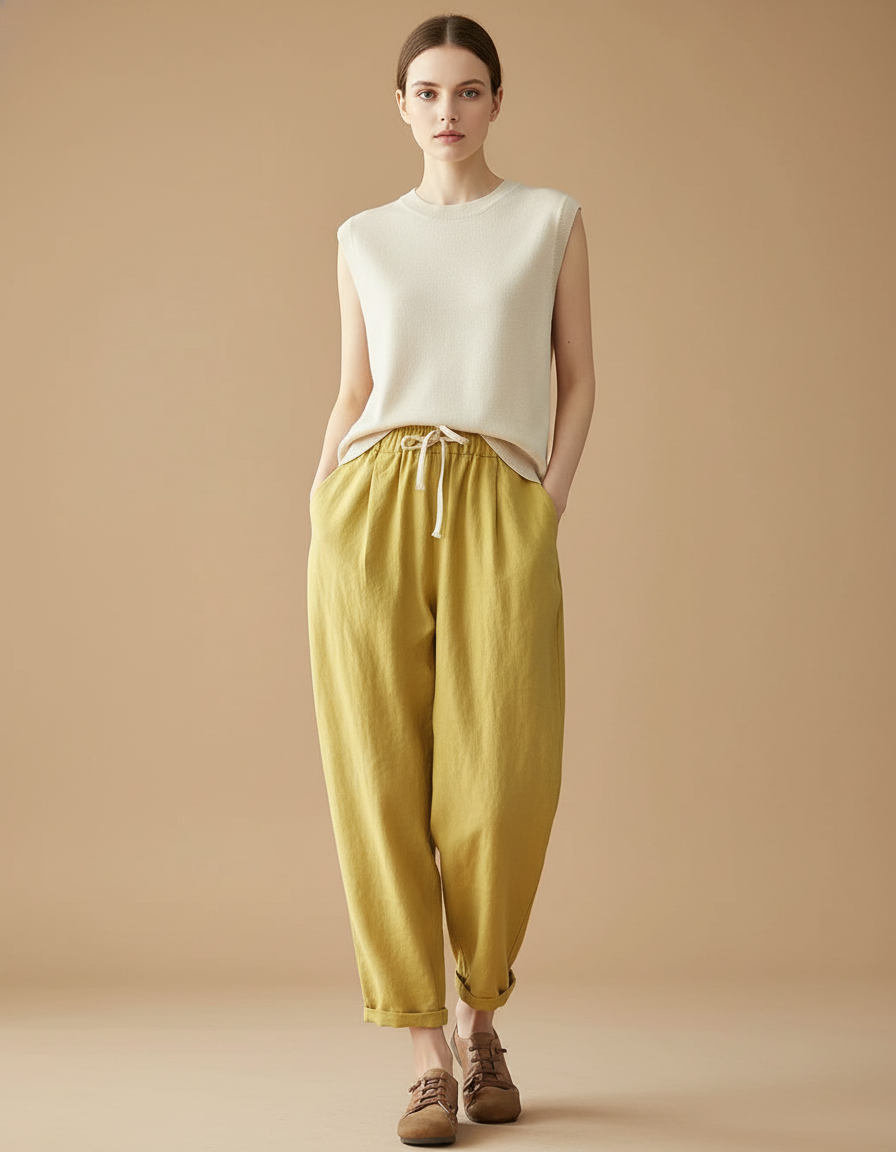 Pantalon Baggy Jaune Lin Ample Cordon Décontracté Femme