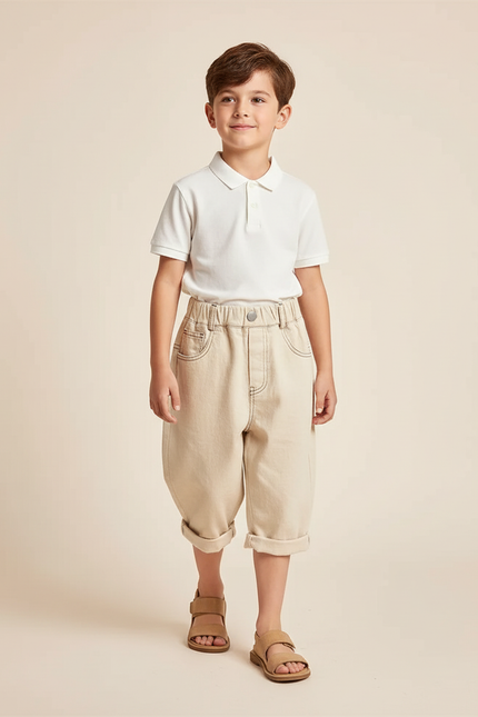 Pantalon Baggy Beige Coton Ample Décontracté Garçon