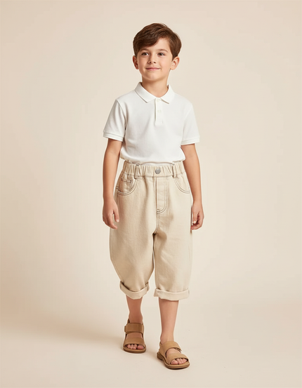 Pantalon Baggy Beige Coton Ample Décontracté Garçon