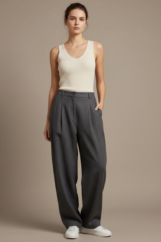 Pantalon Baggy Femme Gris Taille Haute Coton - Lin