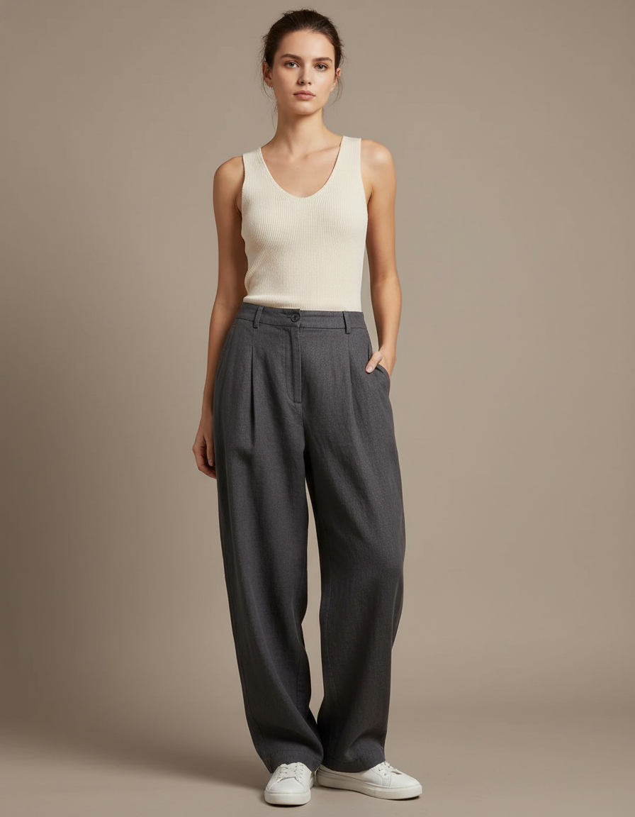 Pantalon Baggy Femme Gris Taille Haute Coton - Lin