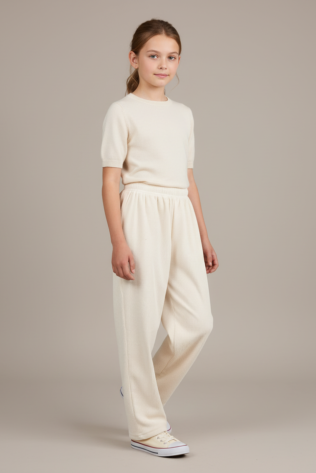 Pantalon Baggy Écru Côtelé Ample Confortable Fille - Beige Cordé