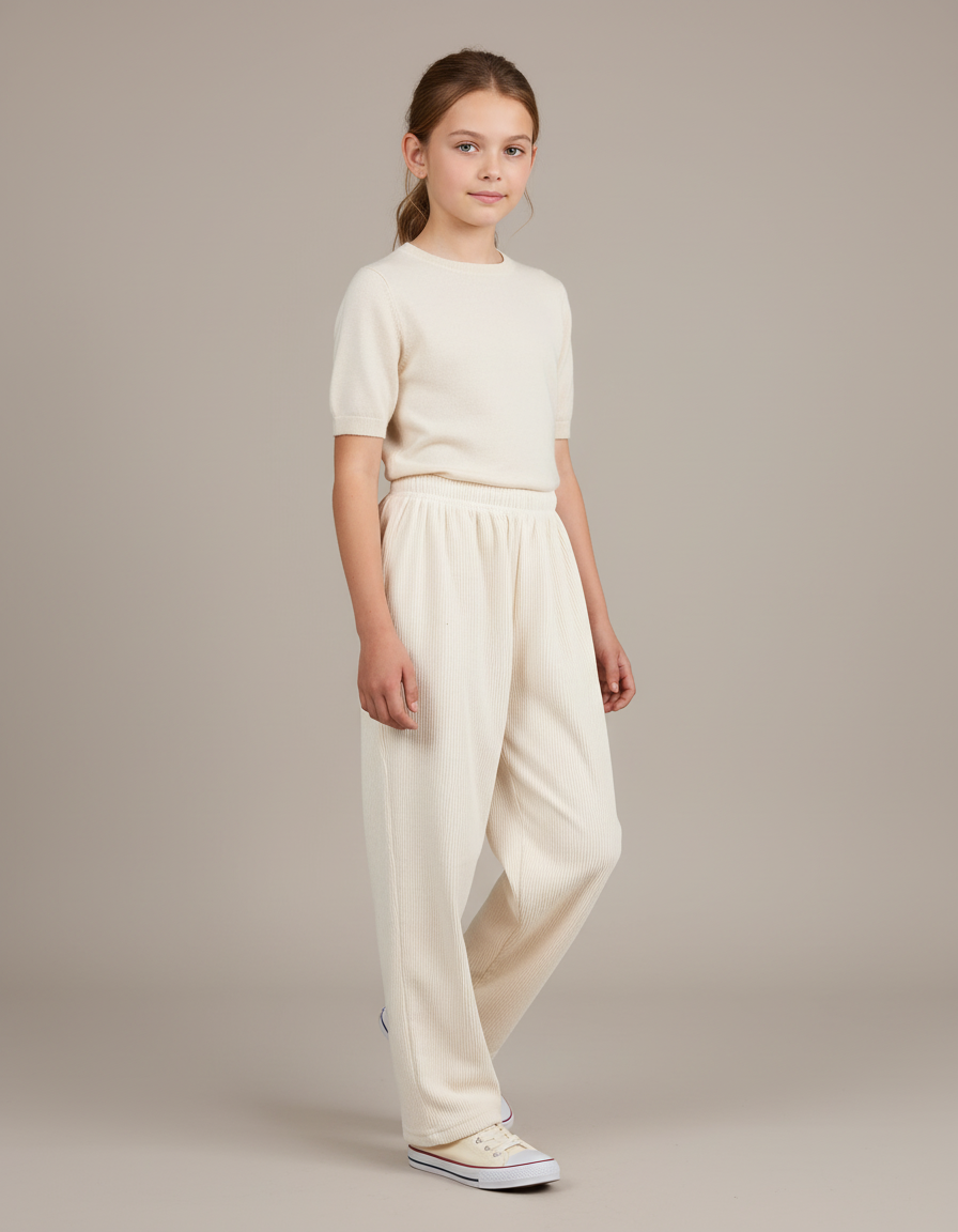 Pantalon Baggy Écru Côtelé Ample Confortable Fille - Beige Cordé