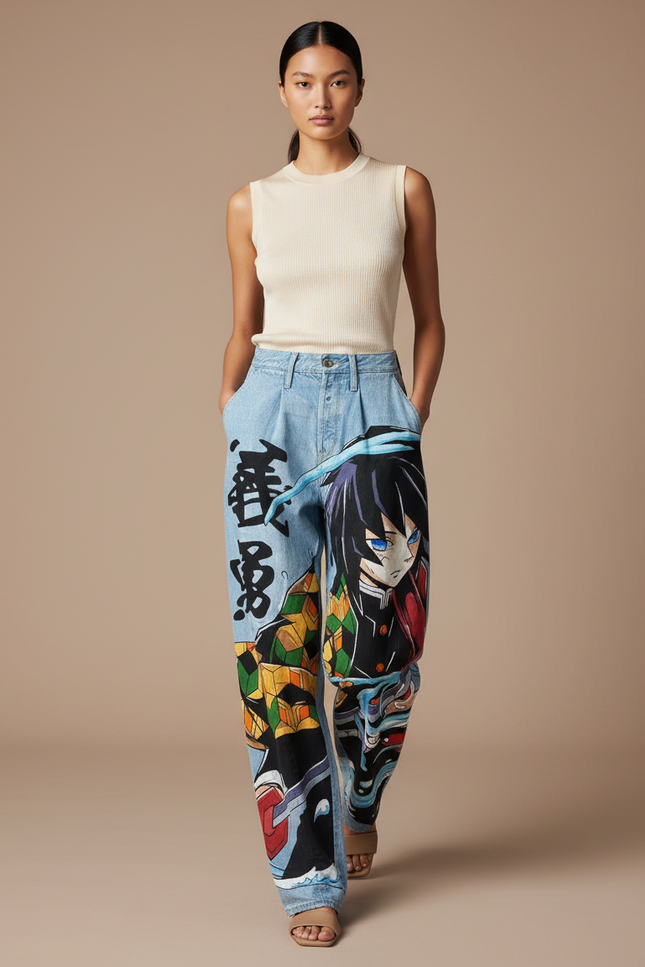 Pantalon Baggy Jean Clair Ample Manga Imprimé - Multicolore