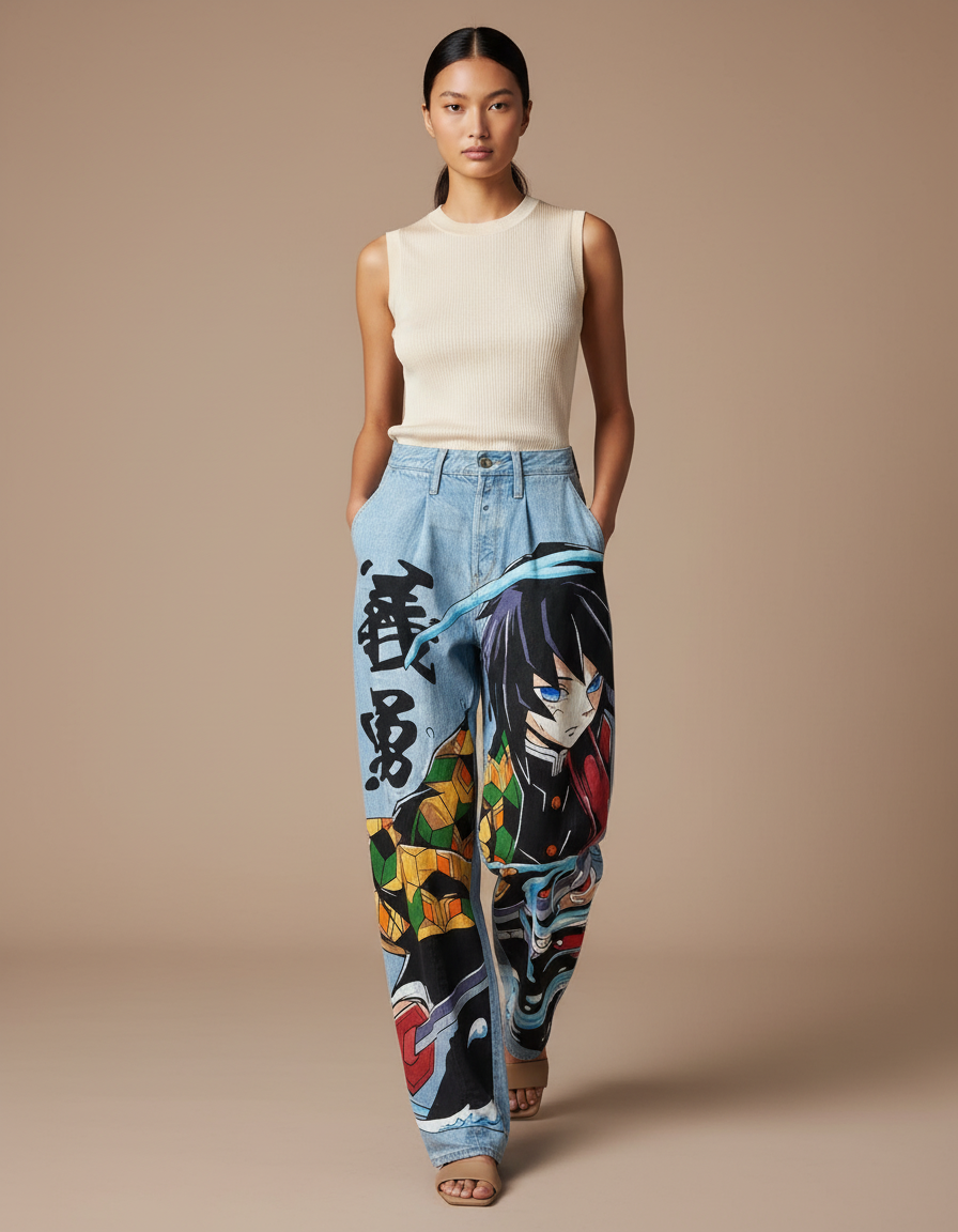 Pantalon Baggy Jean Clair Ample Manga Imprimé - Multicolore