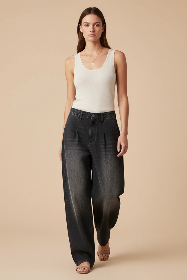 Pantalon Baggy Jean Gris Délavé Ample Plissé