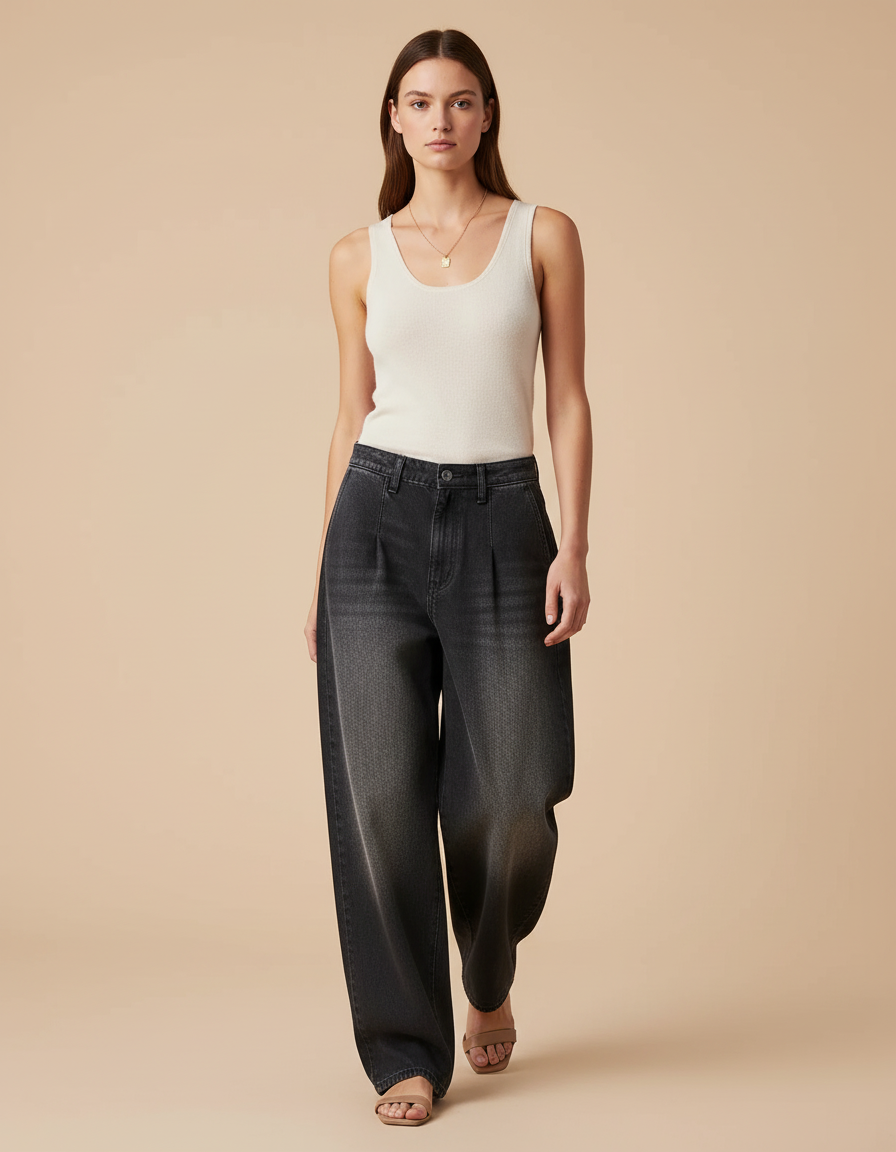 Pantalon Baggy Jean Gris Délavé Ample Plissé