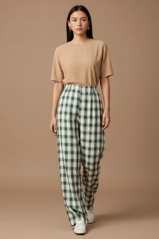 Pantalon Baggy Vert Écru Plaid Ample Décontracté Femme - Laine