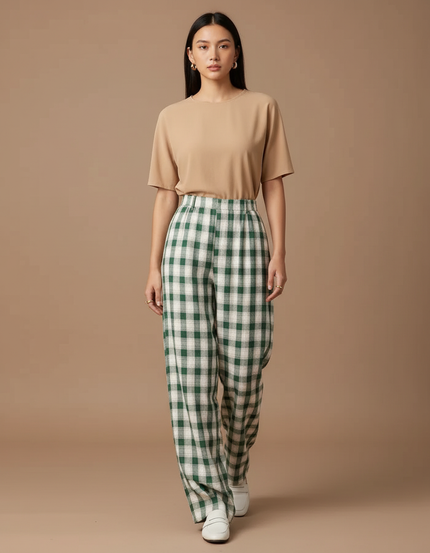 Pantalon Baggy Vert Écru Plaid Ample Décontracté Femme - Laine
