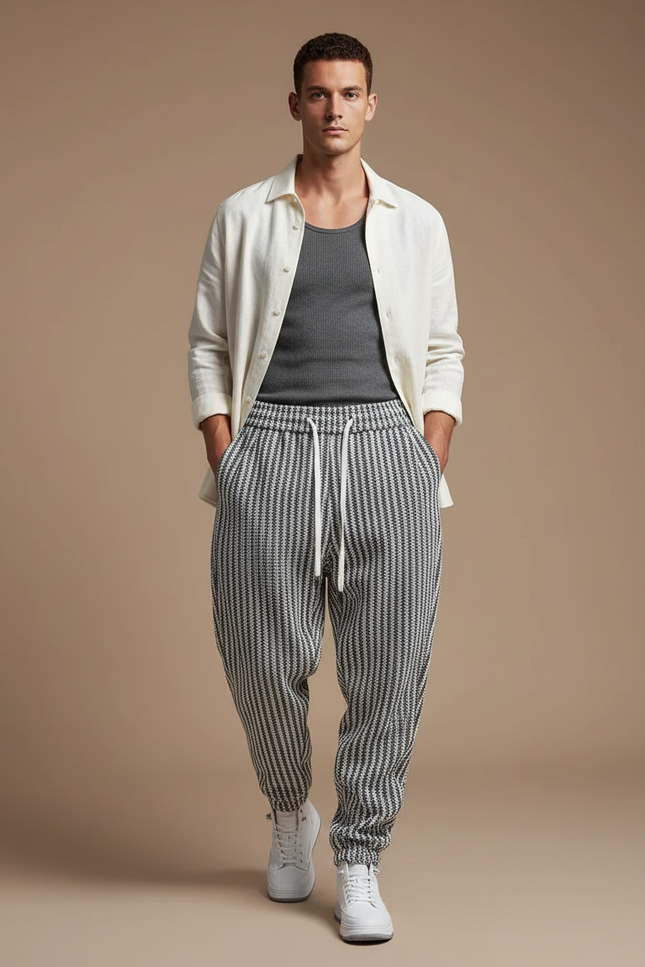 Pantalon Baggy Rayé Noir Blanc Harem Homme - Multicolore Maille