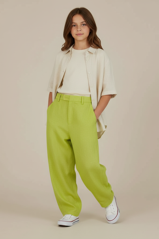 Pantalon Baggy Vert Citron Ample Lin Décontracté Enfant