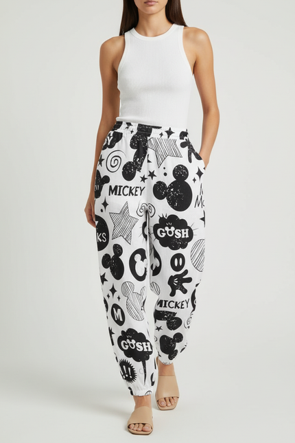 Pantalon Baggy Blanc Imprimé Mickey Ample Fluide Femme - Lin