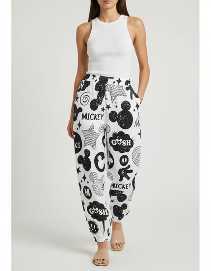 Pantalon Baggy Blanc Imprimé Mickey Ample Fluide Femme - Lin