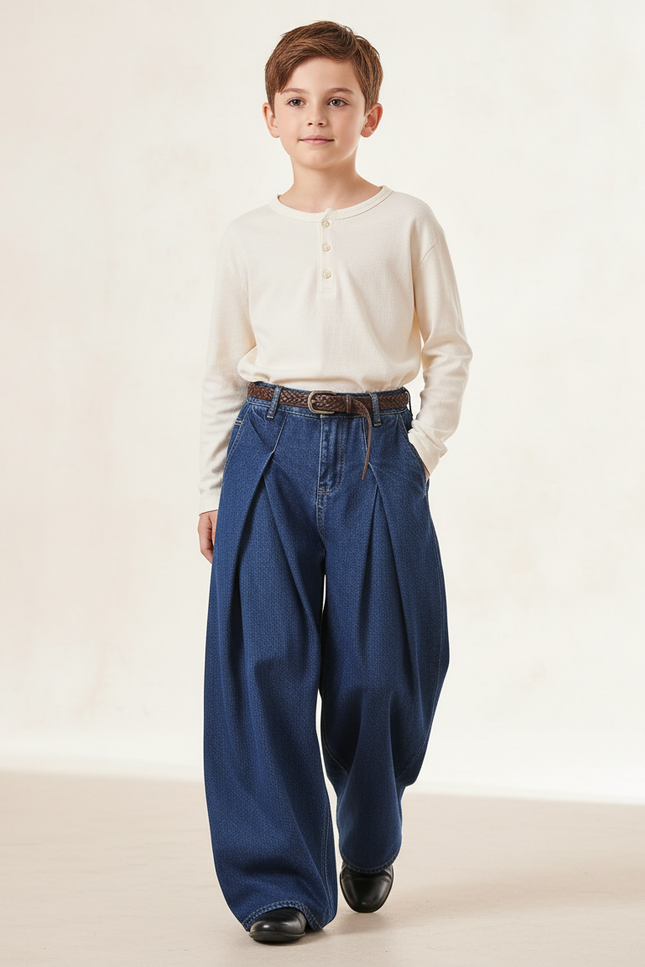 Pantalon Baggy Denim Bleu Plissé Ample Garçon - Jean