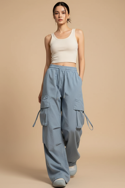 Pantalon Baggy Bleu Fluide Cargo Taille Haute - Polyester