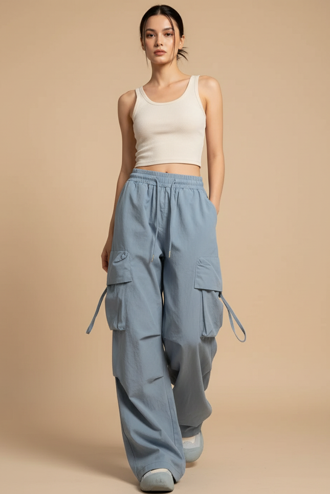Pantalon Baggy Bleu Fluide Cargo Taille Haute - Polyester