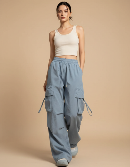 Pantalon Baggy Bleu Fluide Cargo Taille Haute - Polyester