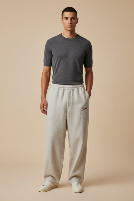 Pantalon Baggy Gris Clair Ample Molleton Brodé Décontracté