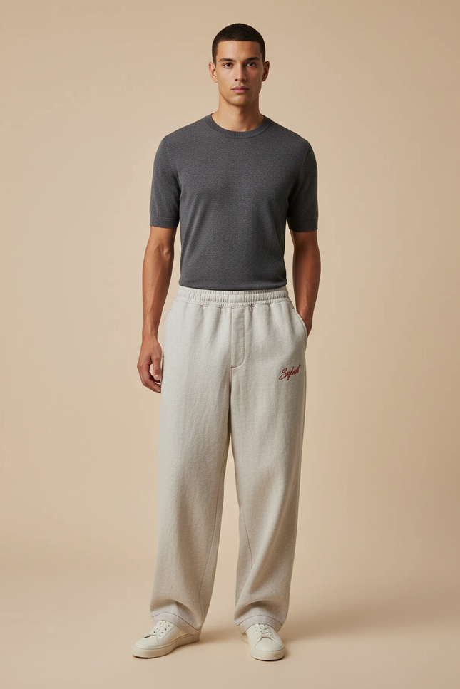 Pantalon Baggy Gris Clair Ample Molleton Brodé Décontracté