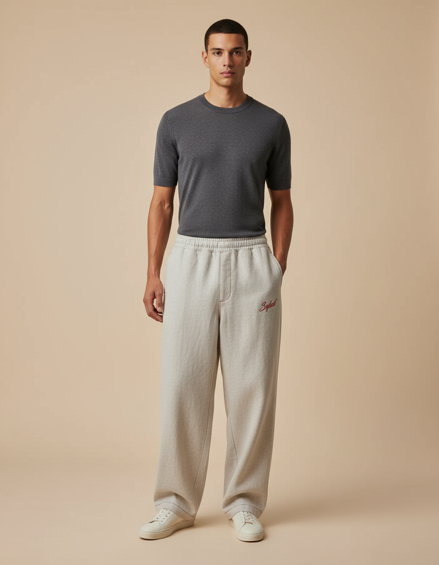 Pantalon Baggy Gris Clair Ample Molleton Brodé Décontracté