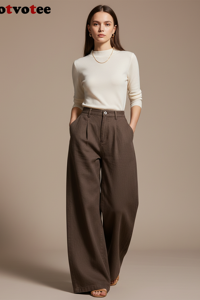 Pantalon Baggy Marron Taille Haute Ample Décontracté Femme - Toile