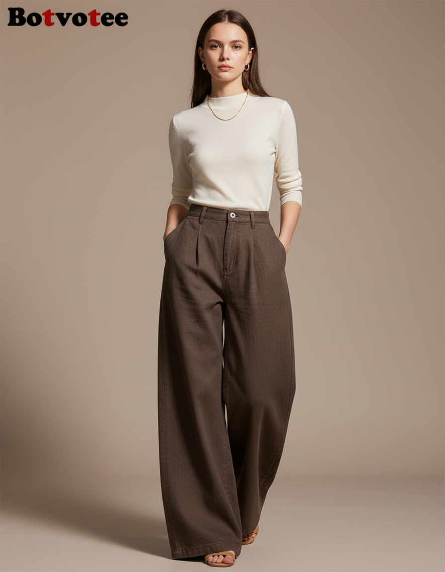Pantalon Baggy Marron Taille Haute Ample Décontracté Femme - Toile