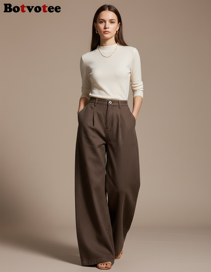 Pantalon Baggy Marron Taille Haute Ample Décontracté Femme - Toile