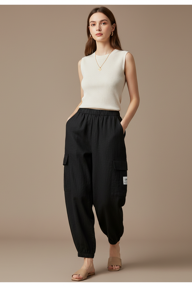 Pantalon Baggy Noir Cargo Ample Taille Haute - Lin