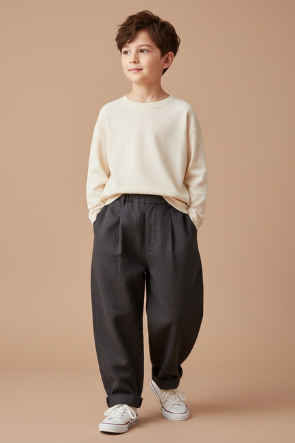 Pantalon Baggy Gris Foncé Ample Élastiqué Garçon - Laine