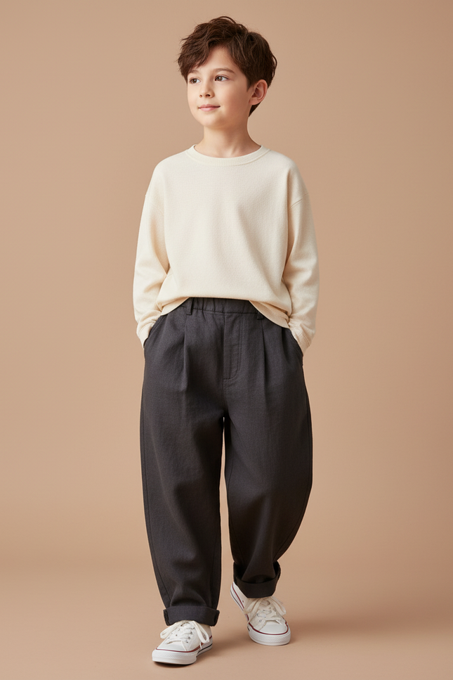 Pantalon Baggy Gris Foncé Ample Élastiqué Garçon - Laine