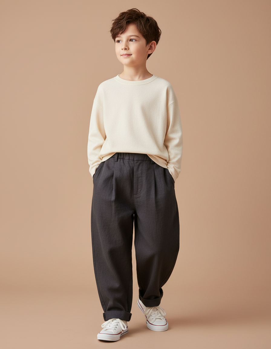 Pantalon Baggy Gris Foncé Ample Élastiqué Garçon - Laine