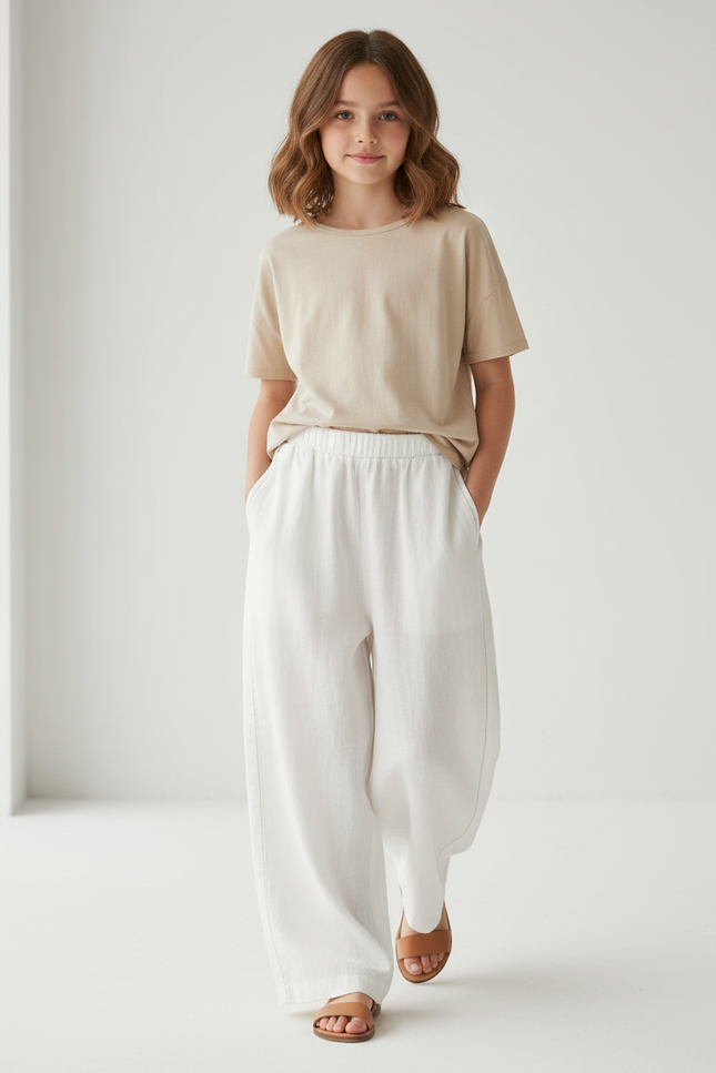 Pantalon Baggy Blanc Lin Ample Décontracté Élastique
