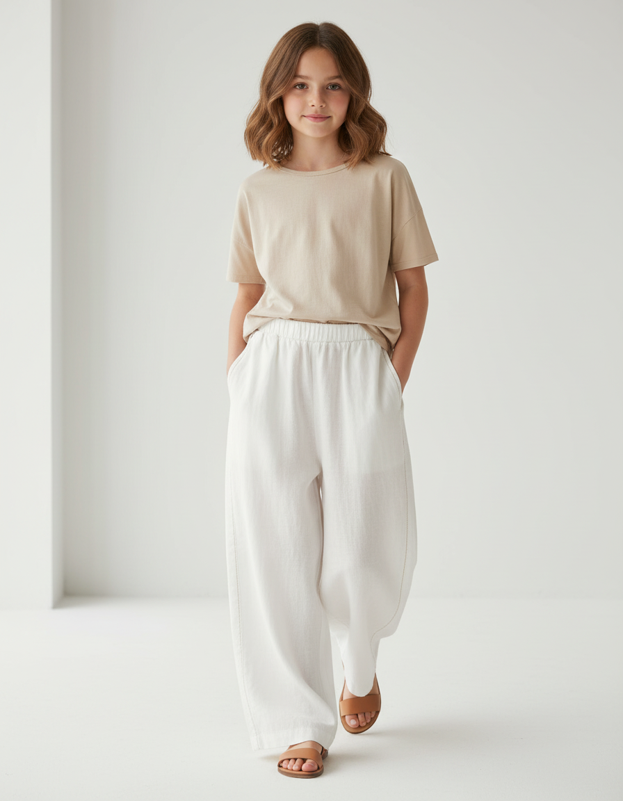 Pantalon Baggy Blanc Lin Ample Décontracté Élastique
